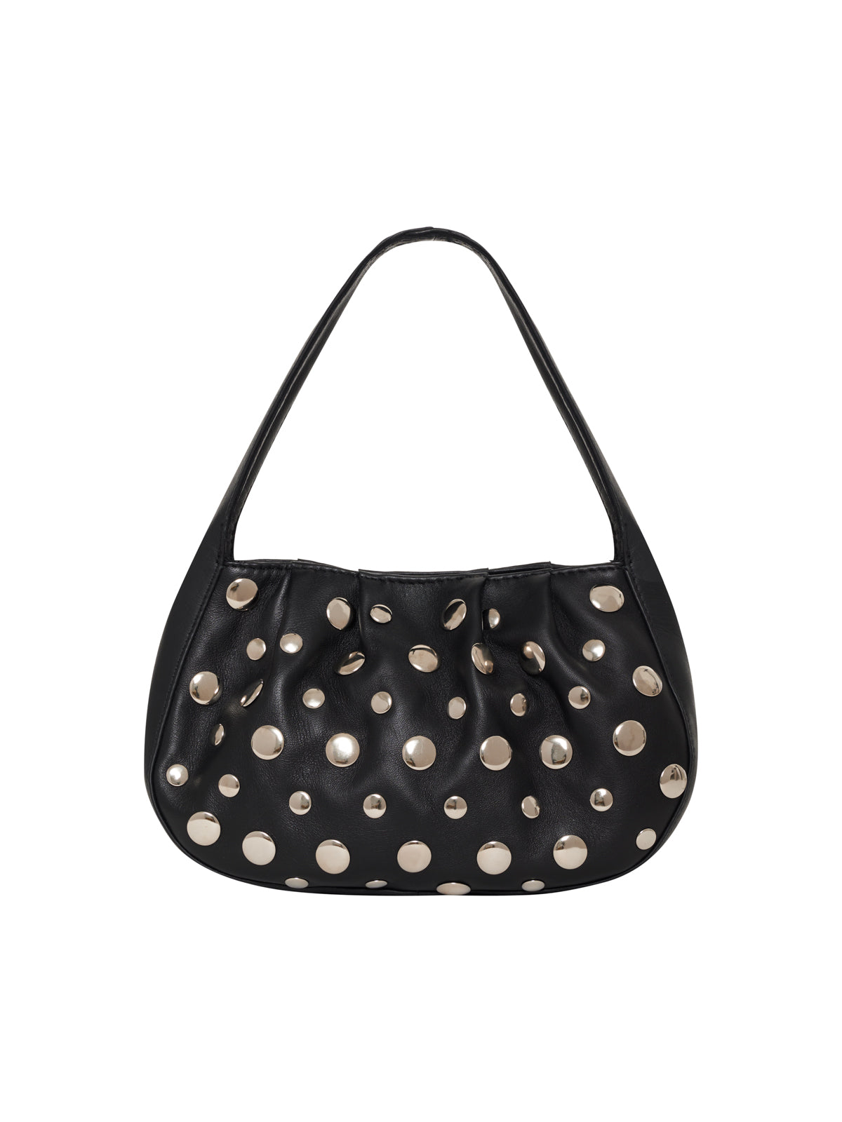 The charm bag black by Sanctuary Clothing is a black handbag with one shoulder strap, featuring large and small silver metallic studs on the front.
