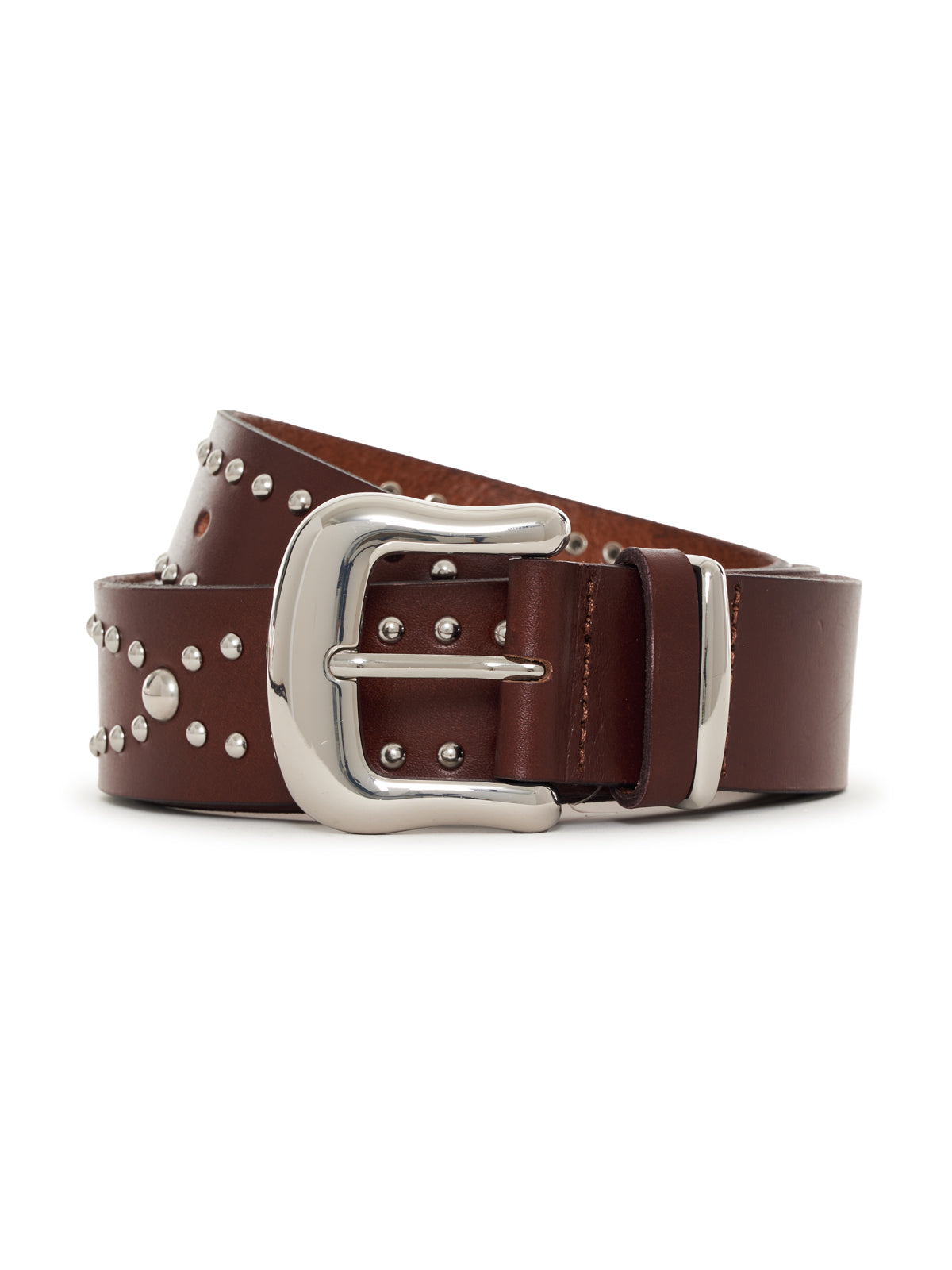 The Rowan Studded Belt Mahogany by Sanctuary Clothing features silver studs and a large shiny buckle, shown on a white background.