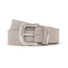 The Rowan Belt Stone by Sanctuary Clothing is a light gray suede belt with a shiny silver rectangular buckle, neatly coiled on a white background.