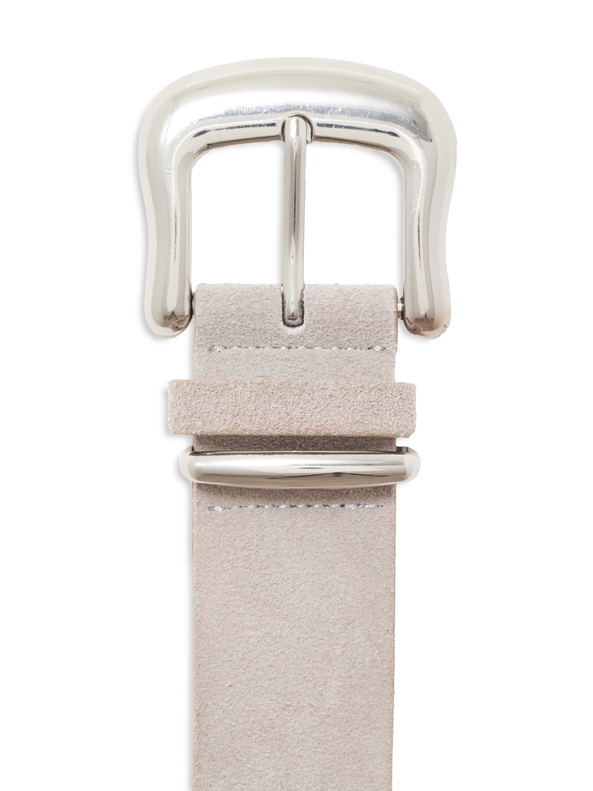 A close-up of the Sanctuary Clothing rowan belt stone shows its light beige suede and shiny silver rectangular buckle against a white background.