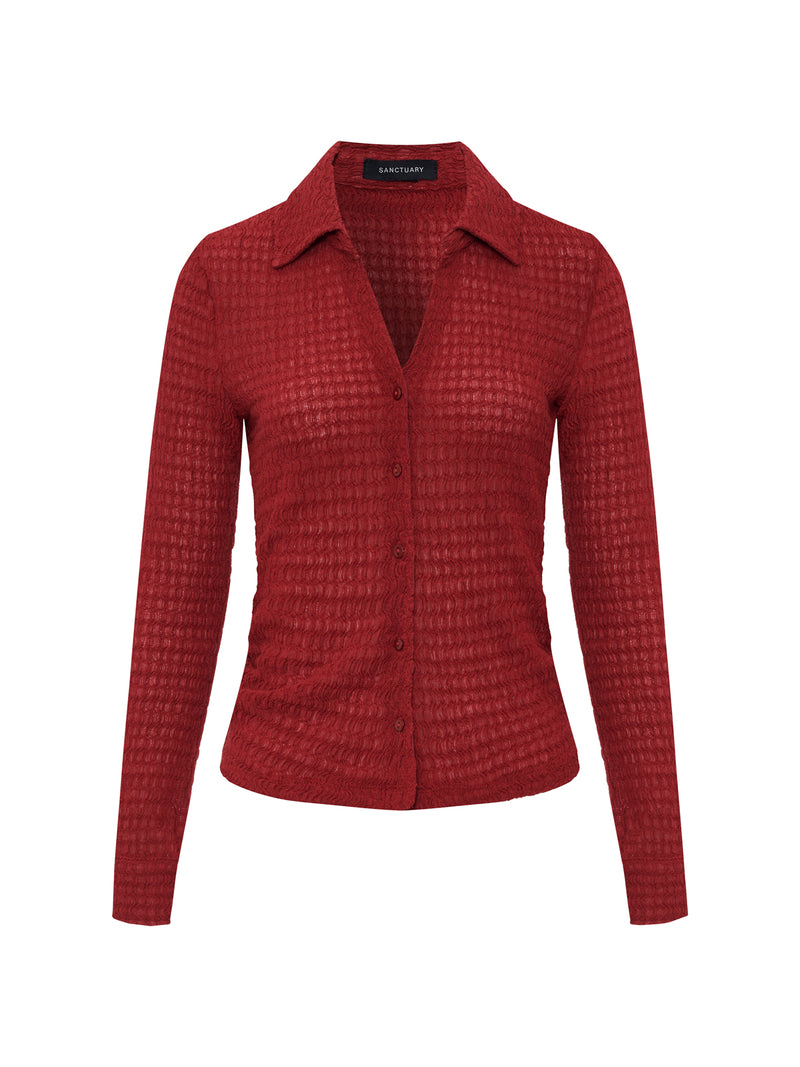 Juno Textured Button Front Top Red Berry alt 5