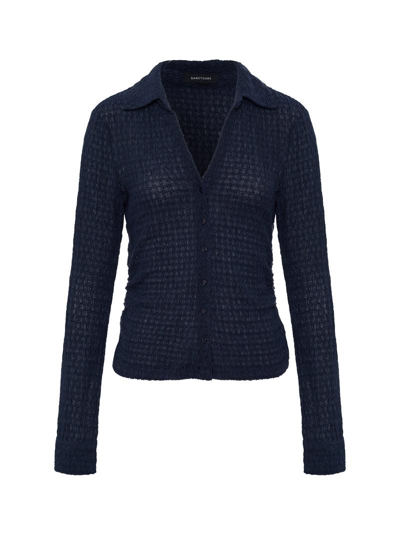 Juno Textured Button Front Top Navy Blazer alt 6