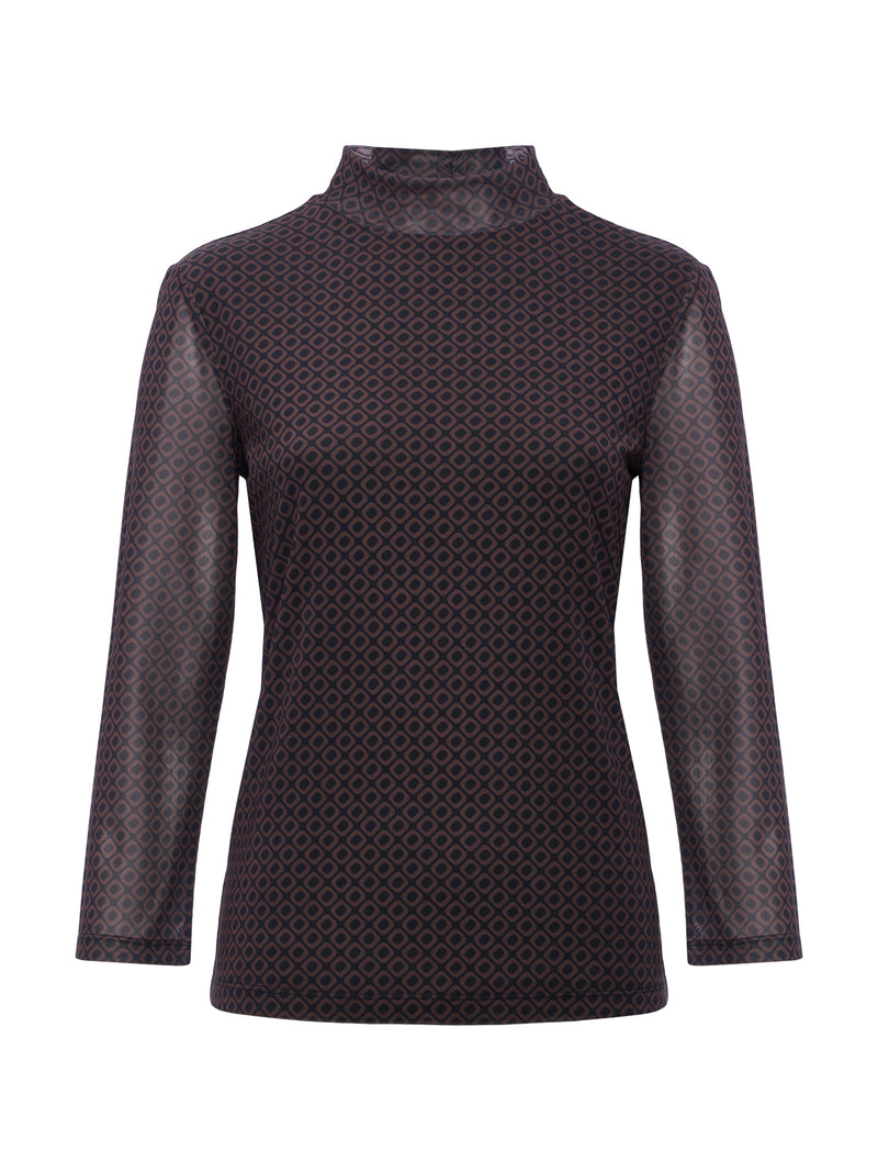 3/4 Sleeve Mesh Mock Neck Top Espresso Geo alt 6