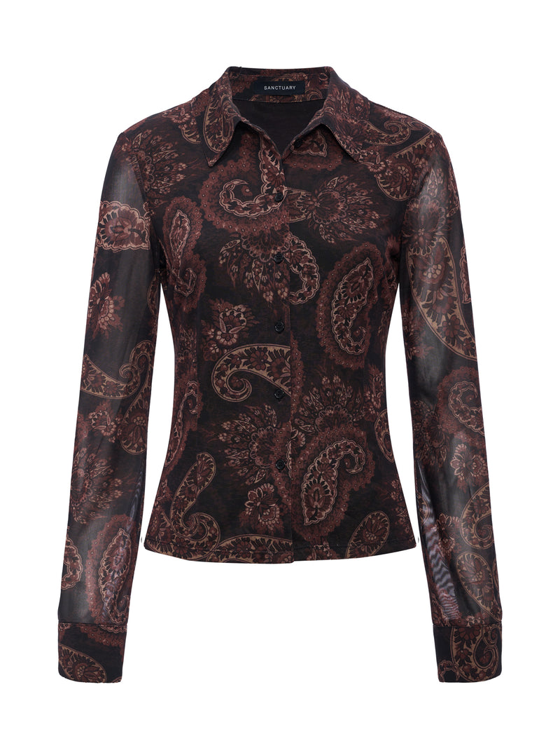 Fitted Mesh Button Down Top Cocoa Paisley alt 5
