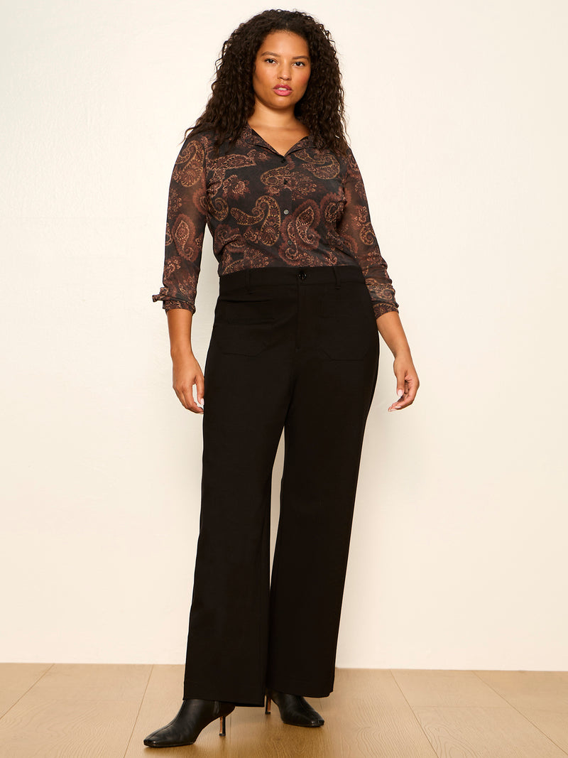 Fitted Mesh Button Down Top Cocoa Paisley Extended Sizing alt 4