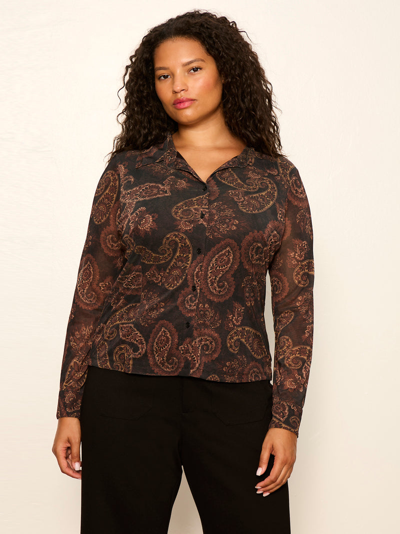 Fitted Mesh Button Down Top Cocoa Paisley Extended Sizing alt 1