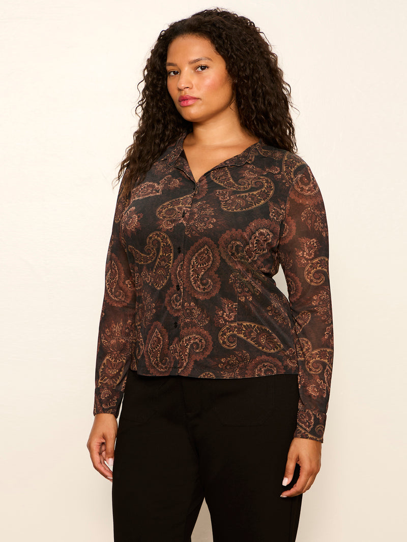 Fitted Mesh Button Down Top Cocoa Paisley Extended Sizing alt 2