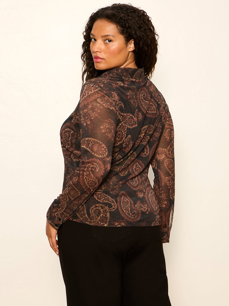 Fitted Mesh Button Down Top Cocoa Paisley Extended Sizing alt 3