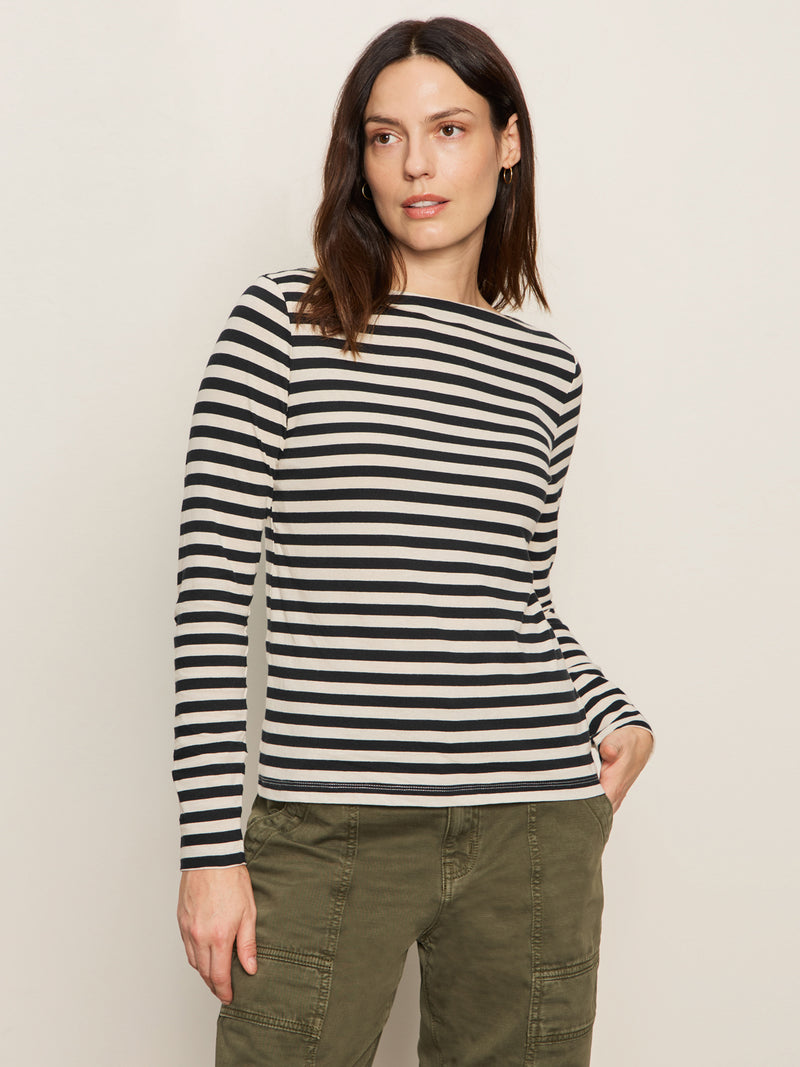 Boatneck Long Sleeve Tee Light Oat/Black Stripe alt 4