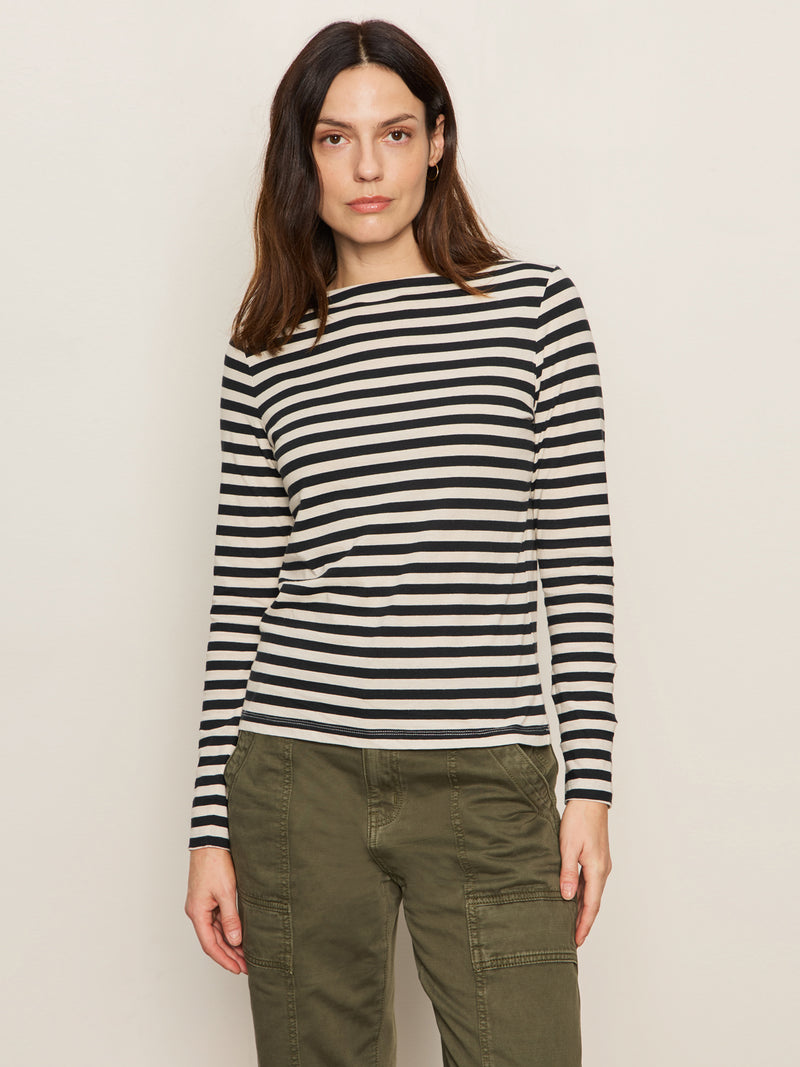 Boatneck Long Sleeve Tee Light Oat/Black Stripe alt 3