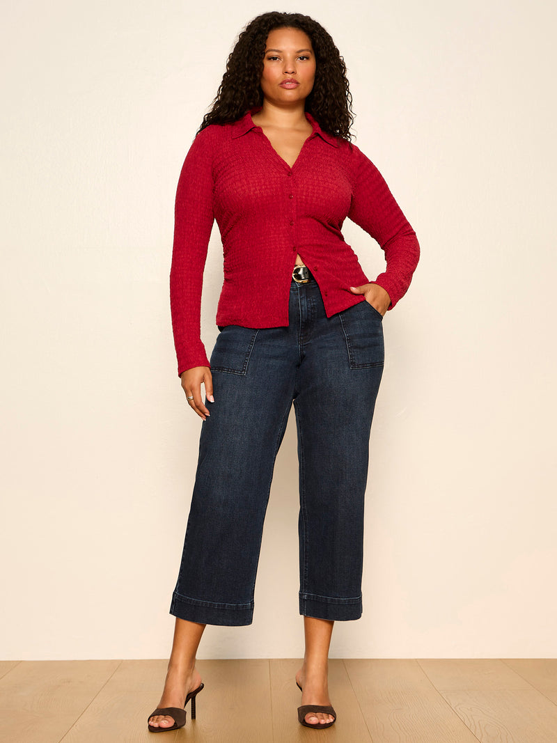 Juno Textured Button Front Top Red Berry Extended Sizing alt 5