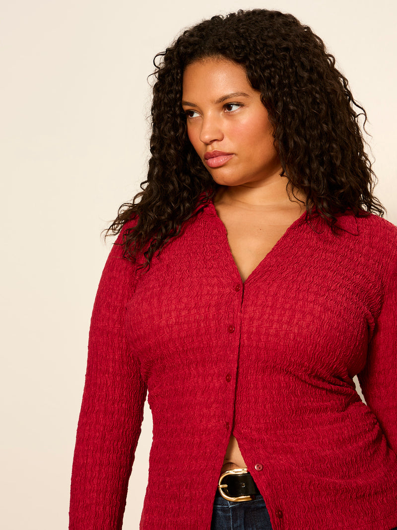 Juno Textured Button Front Top Red Berry Extended Sizing alt 4
