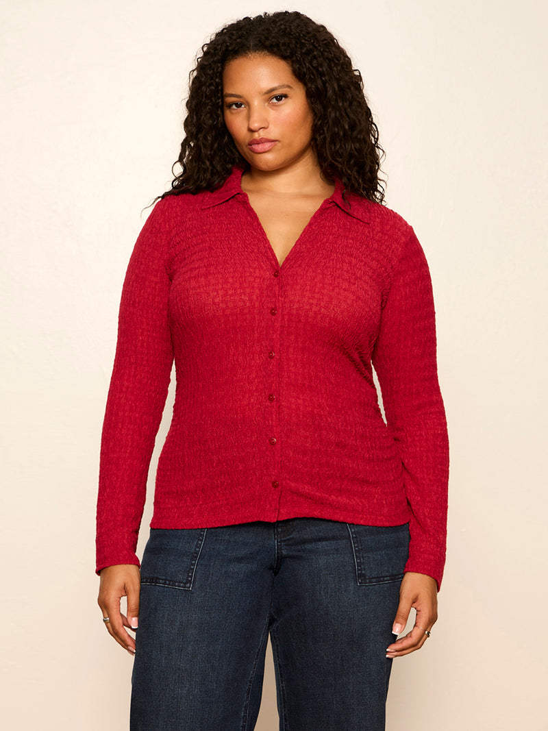 Juno Textured Button Front Top Red Berry Extended Sizing alt 1