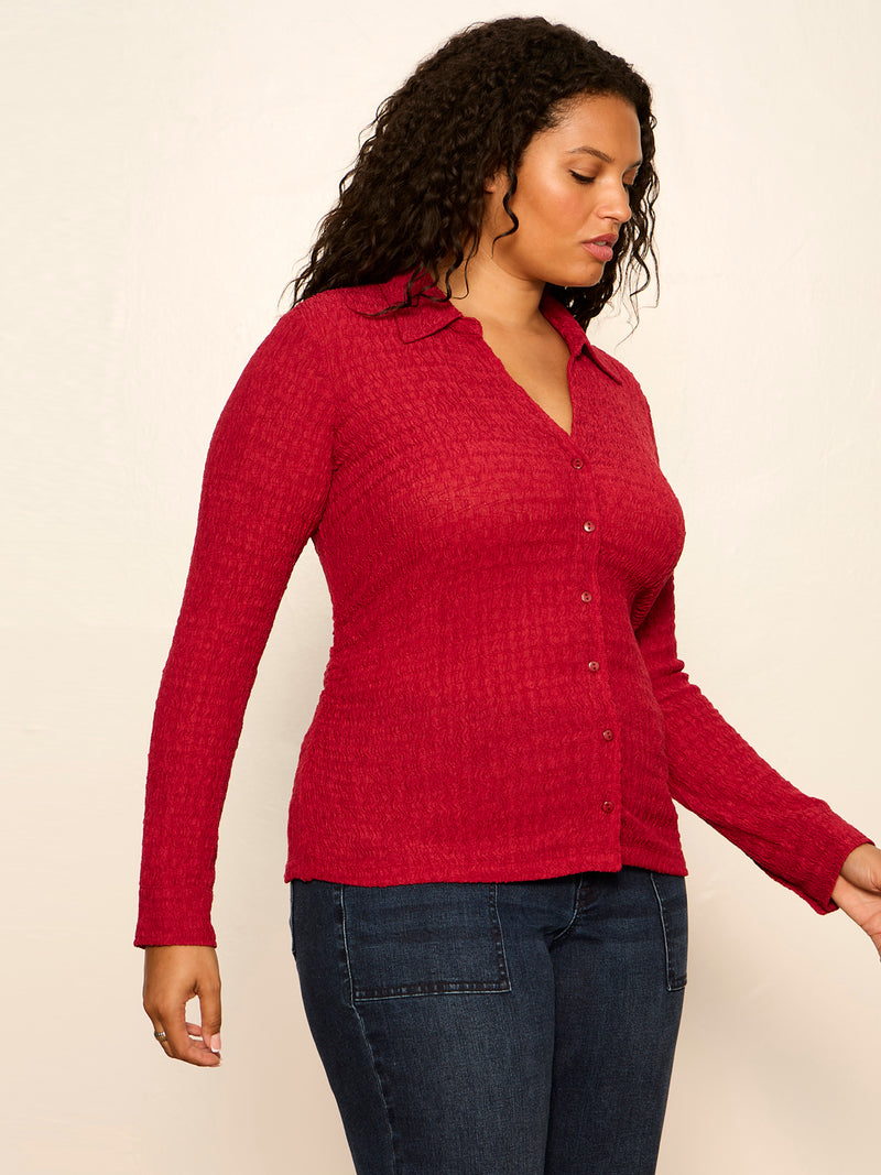Juno Textured Button Front Top Red Berry Extended Sizing alt 2