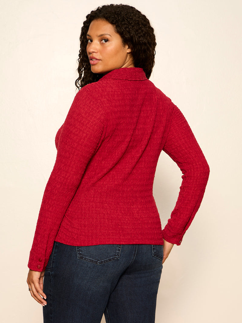 Juno Textured Button Front Top Red Berry Extended Sizing alt 3