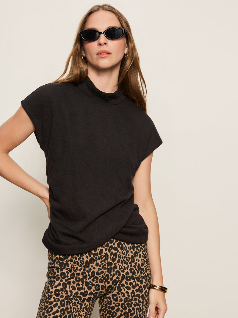 Draped Sleeveless Mock Neck Top Black