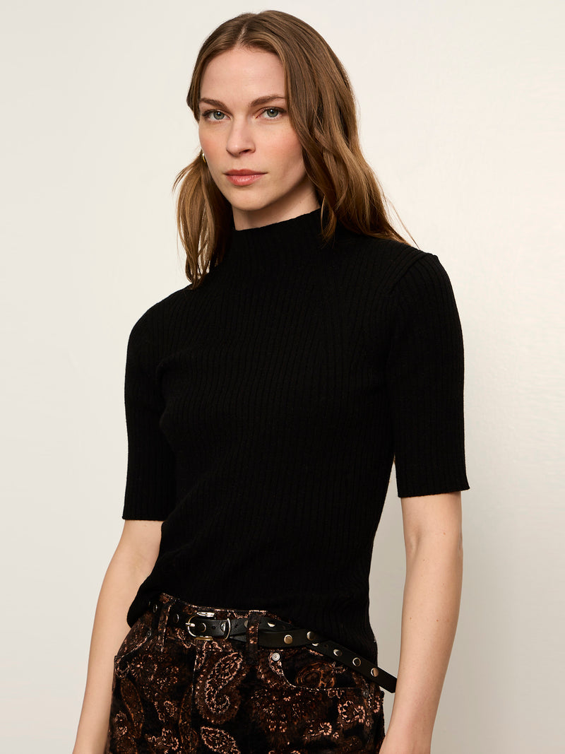 High Neck Ribbed Top Black