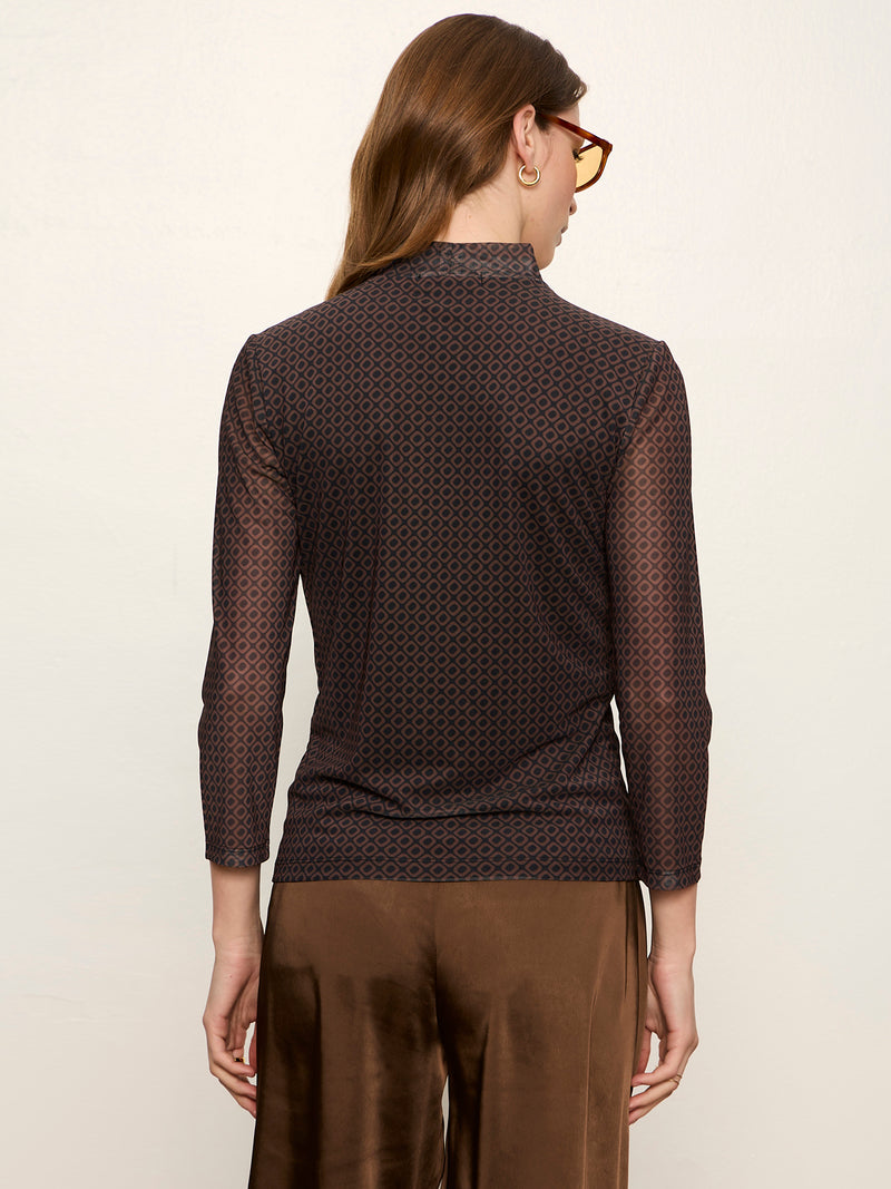 3/4 Sleeve Mesh Mock Neck Top Espresso Geo alt 3