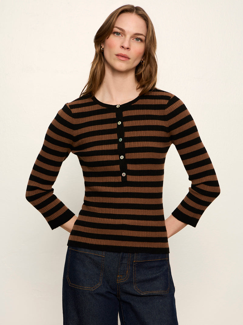 Selena Henley Top Black / Cocoa Powder Stripe alt 2