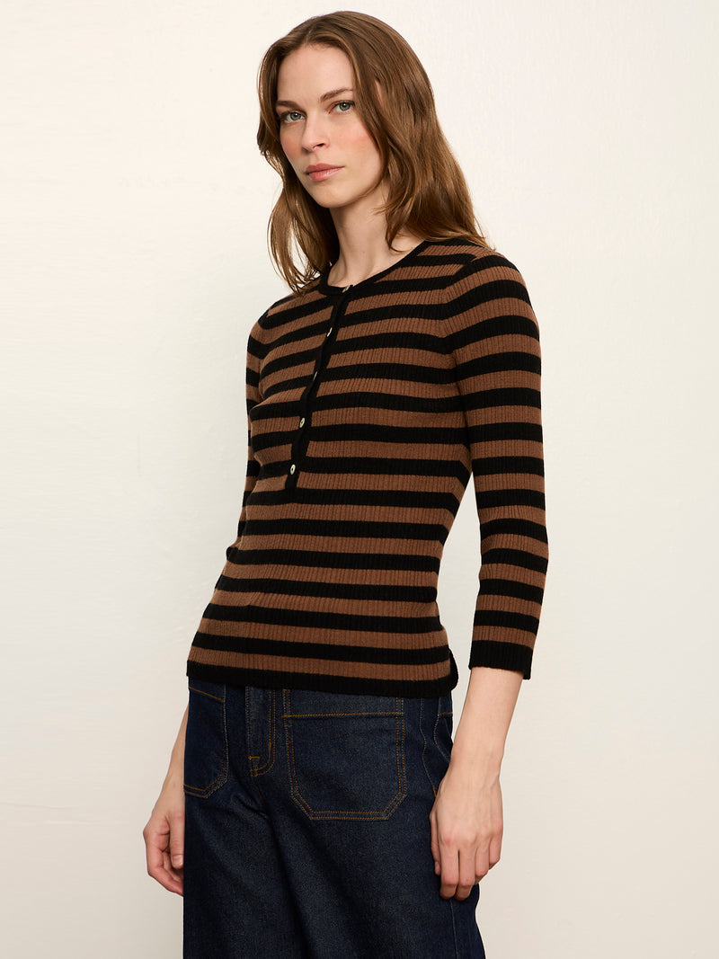 Selena Henley Top Black / Cocoa Powder Stripe alt 3