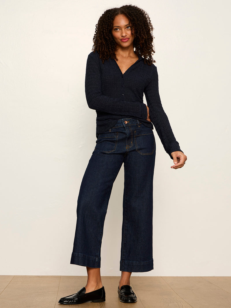 Juno Textured Button Front Top Navy Blazer