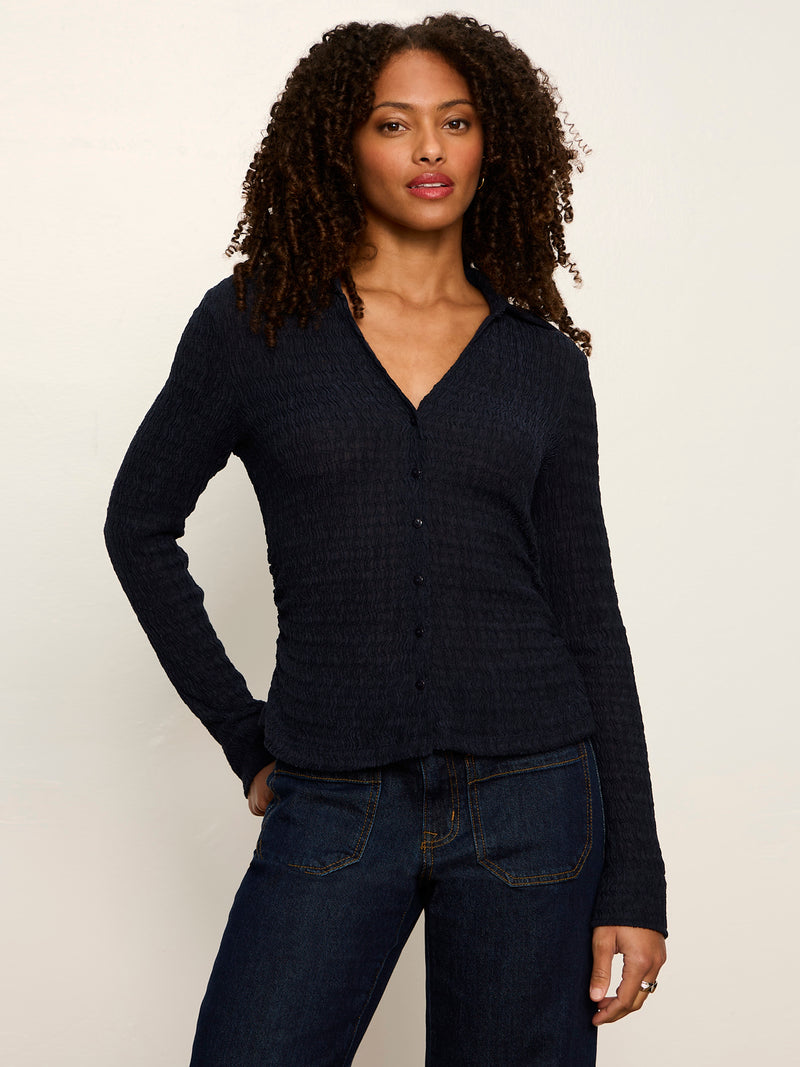 Juno Textured Button Front Top Navy Blazer alt 1