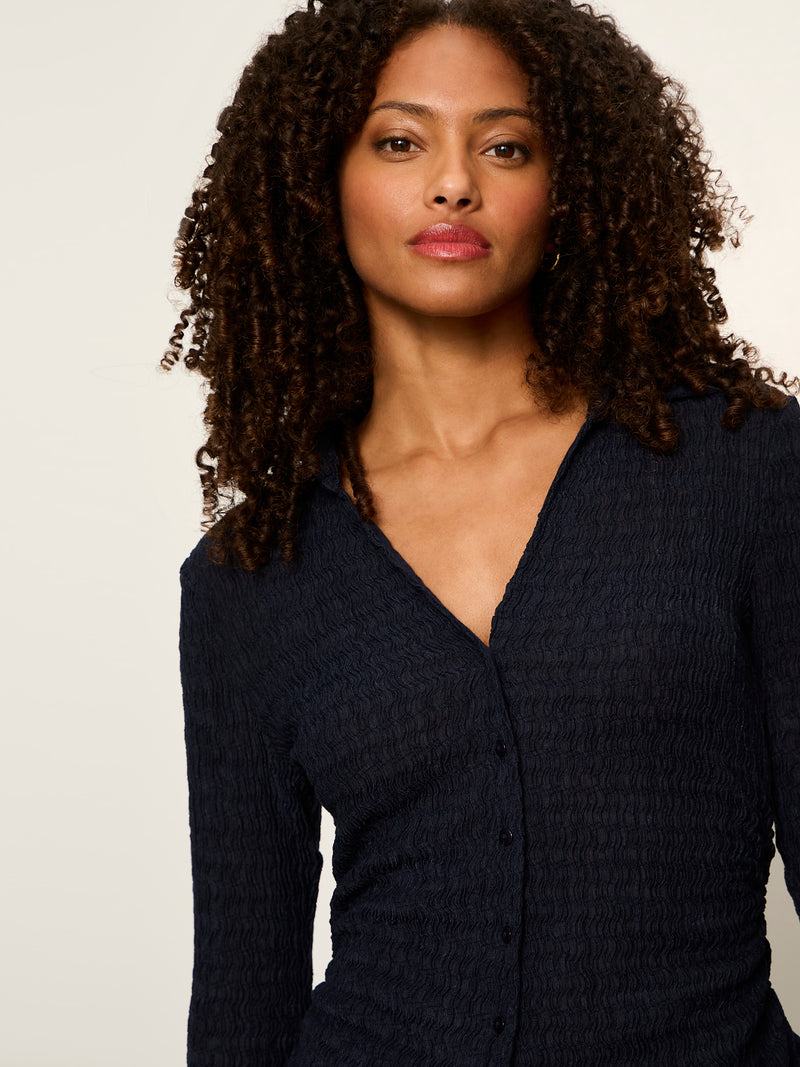 Juno Textured Button Front Top Navy Blazer alt 4