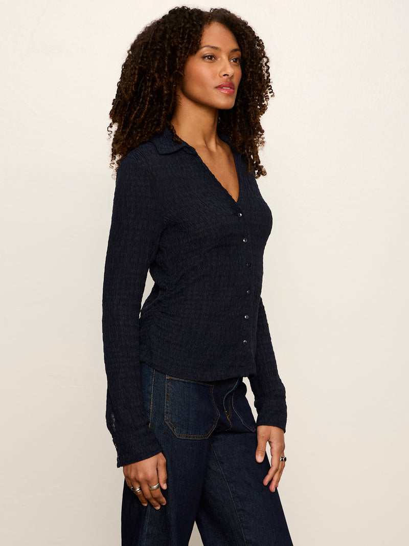 Juno Textured Button Front Top Navy Blazer alt 2