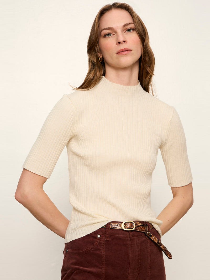 High Neck Ribbed Top Bone alt 1