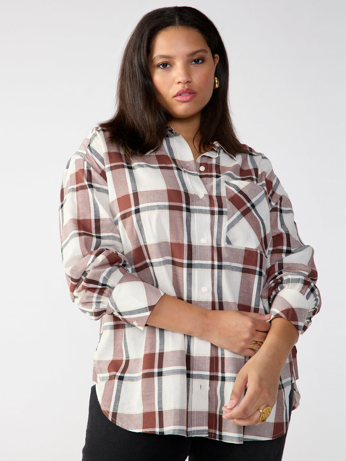 Dropped Shoulder Tunic Top Caramel Cafe Plaid Inclusive Collection