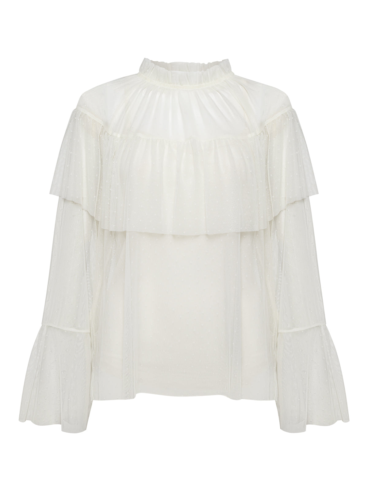 The Ethereal Blouse Chalk by Sanctuary Clothing features sheer white fabric with a subtle dotted texture, long sleeves, a ruffled high neck, layered ruffle details at the chest and shoulders, and flared cuffs.