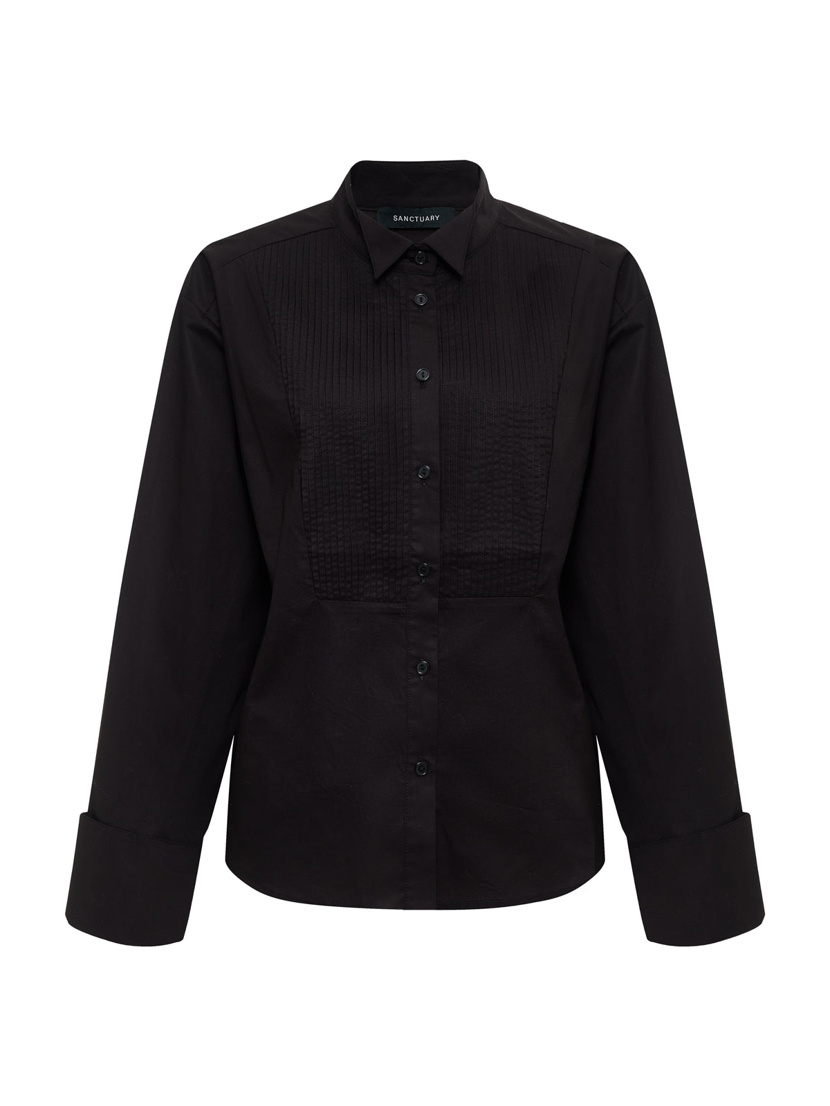 The Sanctuary Clothing new era tuxedo shirt in black features long sleeves, a pointed collar, large cuffs, and a textured pleated front panel for a crisp, tailored look.