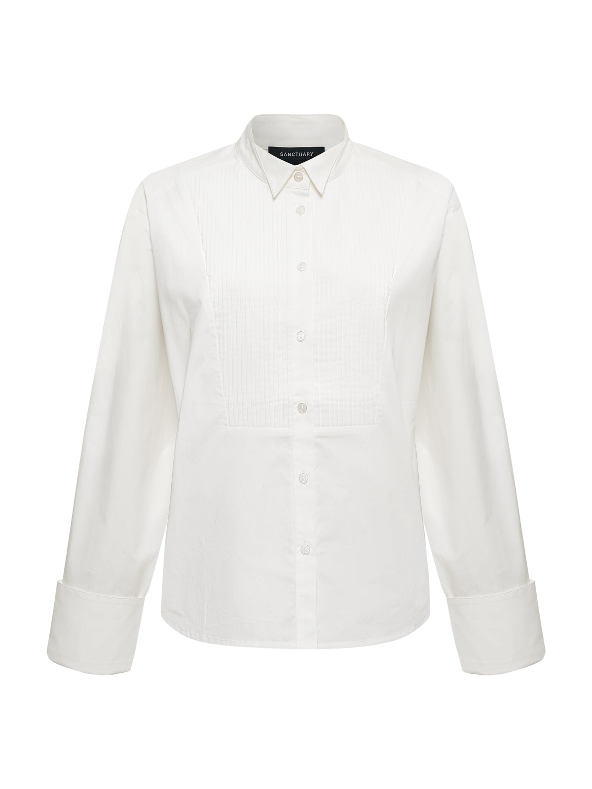 The "new era tuxedo shirt white extended sizing" by Sanctuary Clothing features long sleeves, a pointed collar, front pleats, and wide cuffs, displayed against a plain white background.