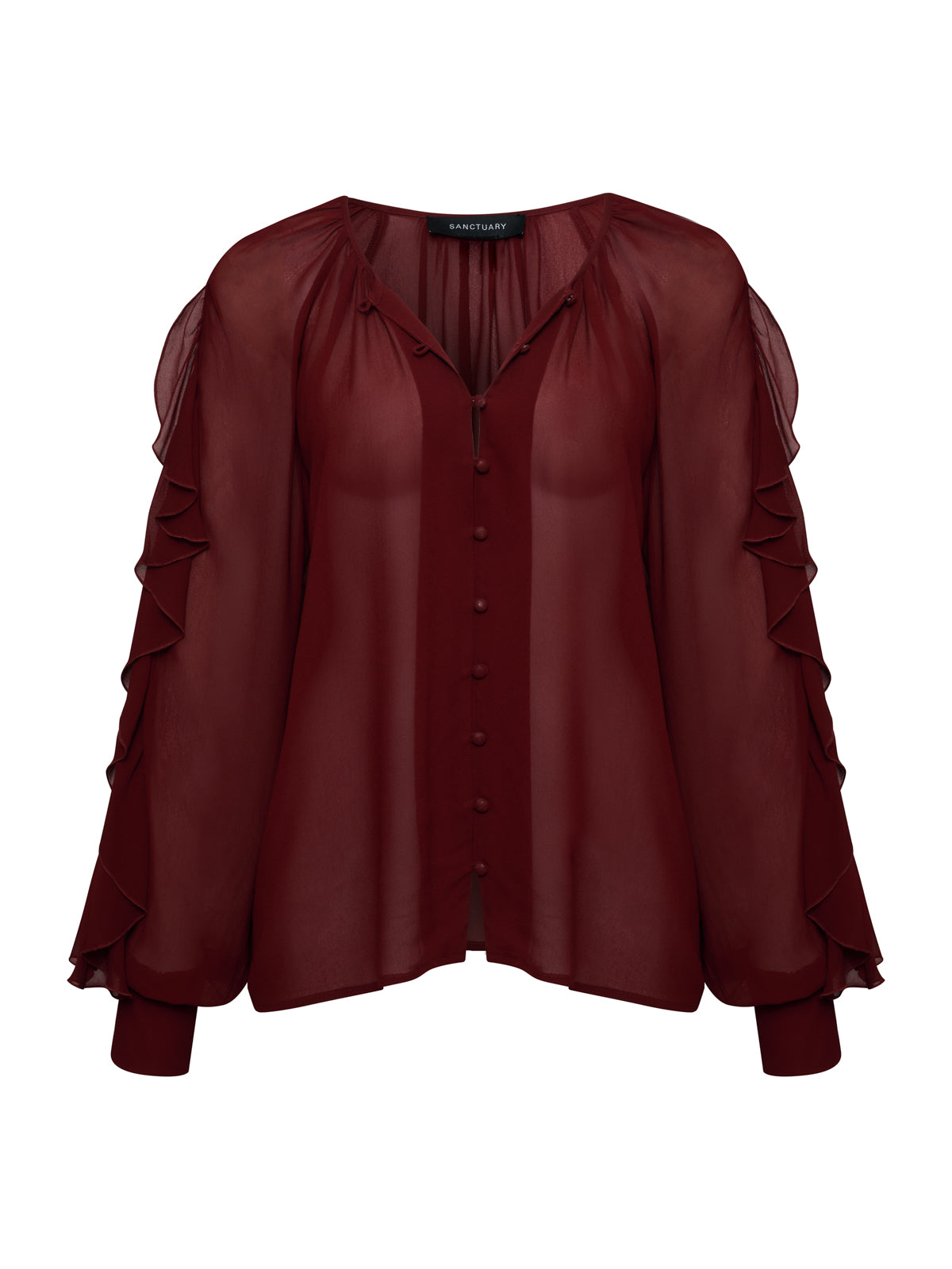 Sheer burgundy blouse with long, ruffled sleeves, button-down front, and loose fit. The blouse has a round neckline and is slightly gathered at the shoulders with cuffed wrists.