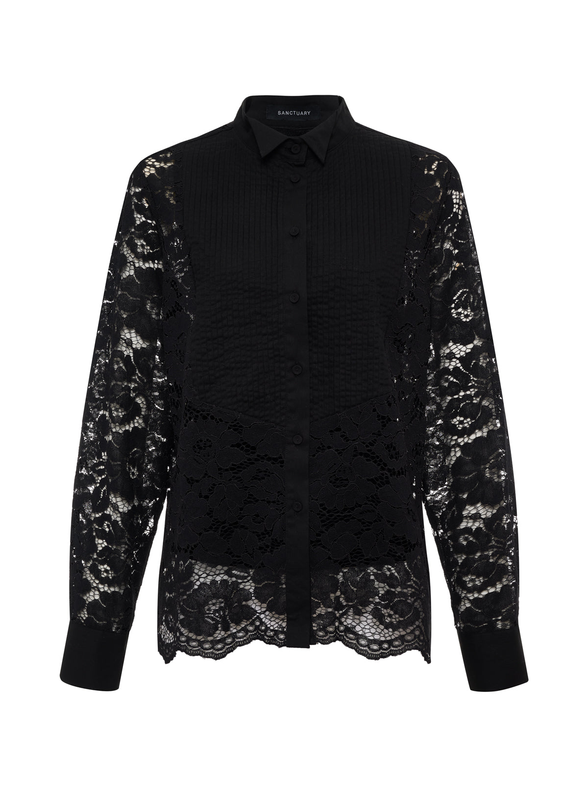 The Serendipity Lace Tuxedo Shirt by Sanctuary Clothing features a long-sleeve black design with a button-down front, solid collar and cuffs, and sheer floral lace details on the sleeves and lower bodice.
