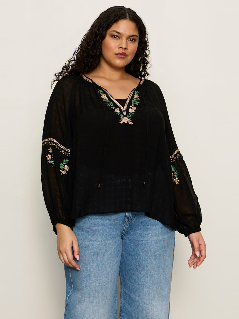 Raye Embroidered Blouse Black Extended Sizing