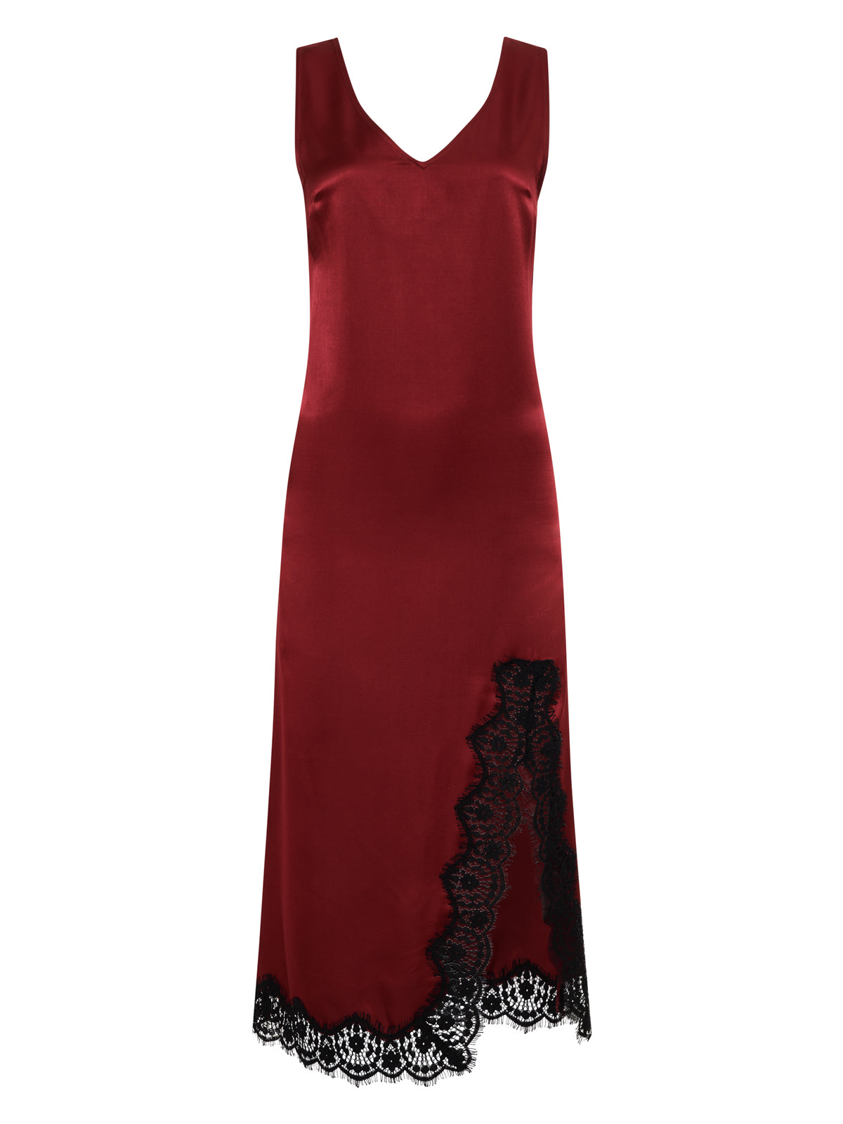 The revenge midi satin dress in crimson by Sanctuary Clothing is sleeveless with a V-neckline, featuring black lace trim at the hem and an asymmetrical lace detail on one side.