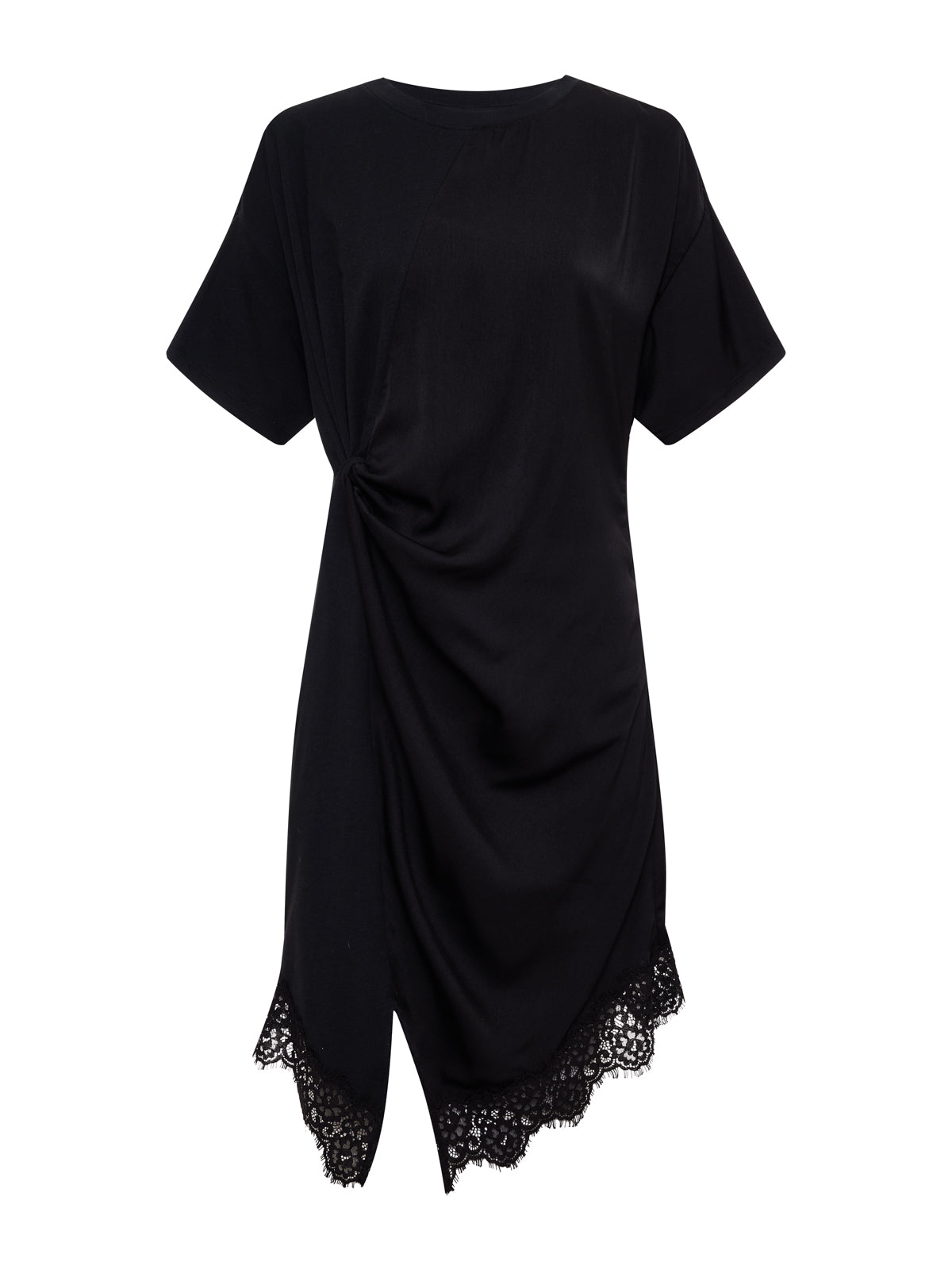 Sanctuary Clothing„¢s satin mix tshirt dress in black features short sleeves, an asymmetrical draped front, and lace trim at the uneven hemline. The soft, slightly shiny fabric adds a modern, elegant touch.