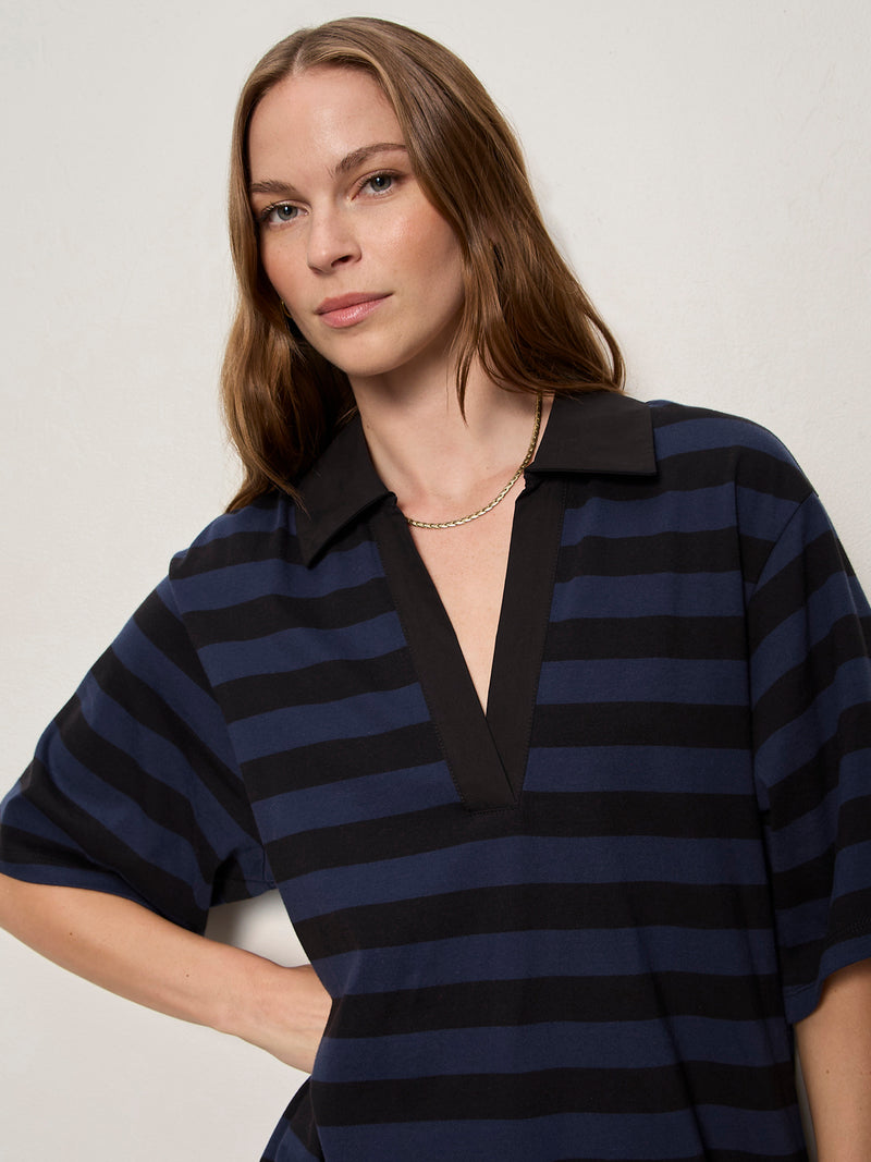 Boyfriend Collar Knit Dress Black And Navy Blazer Stripe alt 3