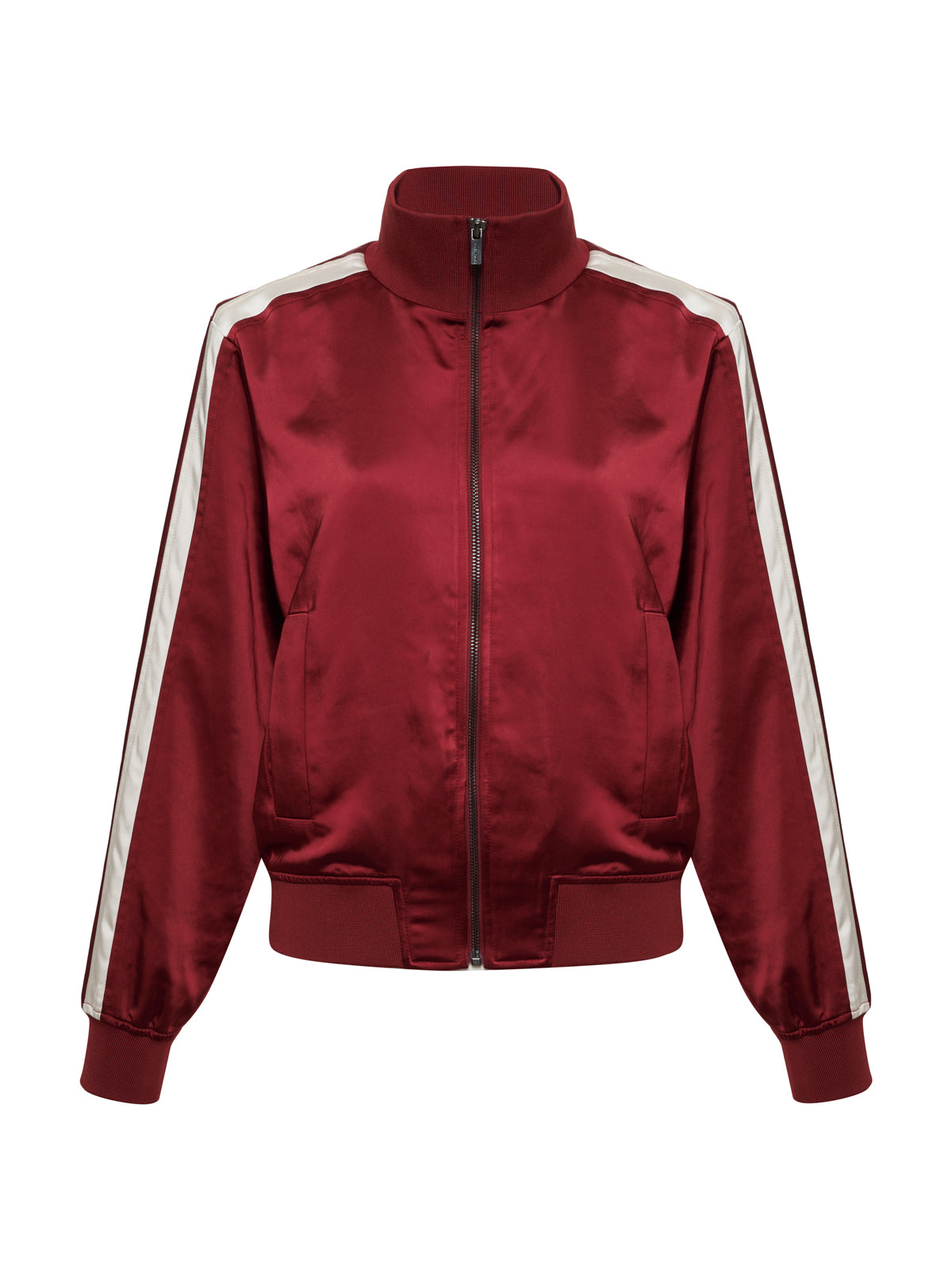 The Sanctuary Clothing satin track jacket in crimson features a front zipper, ribbed collar, cuffs, hem, white-striped sleeves from shoulder to cuff, two front pockets, and comes in extended sizing.