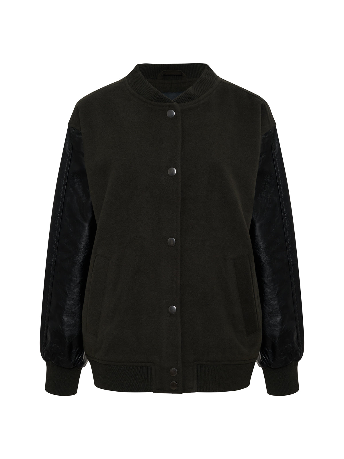The Sanctuary Clothing Club Varsity Jacket in Midnight Olive features snap button closure, ribbed collar, cuffs, hem, a wool-blend body, faux leather sleeves, and two side pockets.