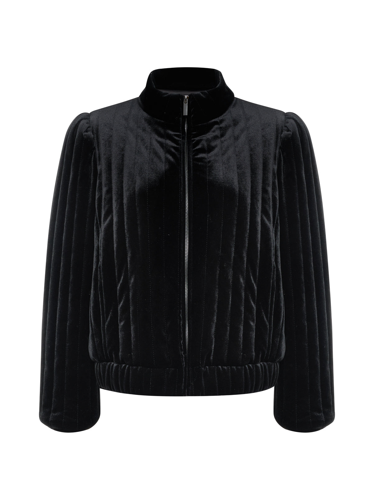 The Sanctuary Clothing quilted velvet jacket in black features a front zipper, long puffed sleeves, and ribbed collar and hem, shown on a plain white background.