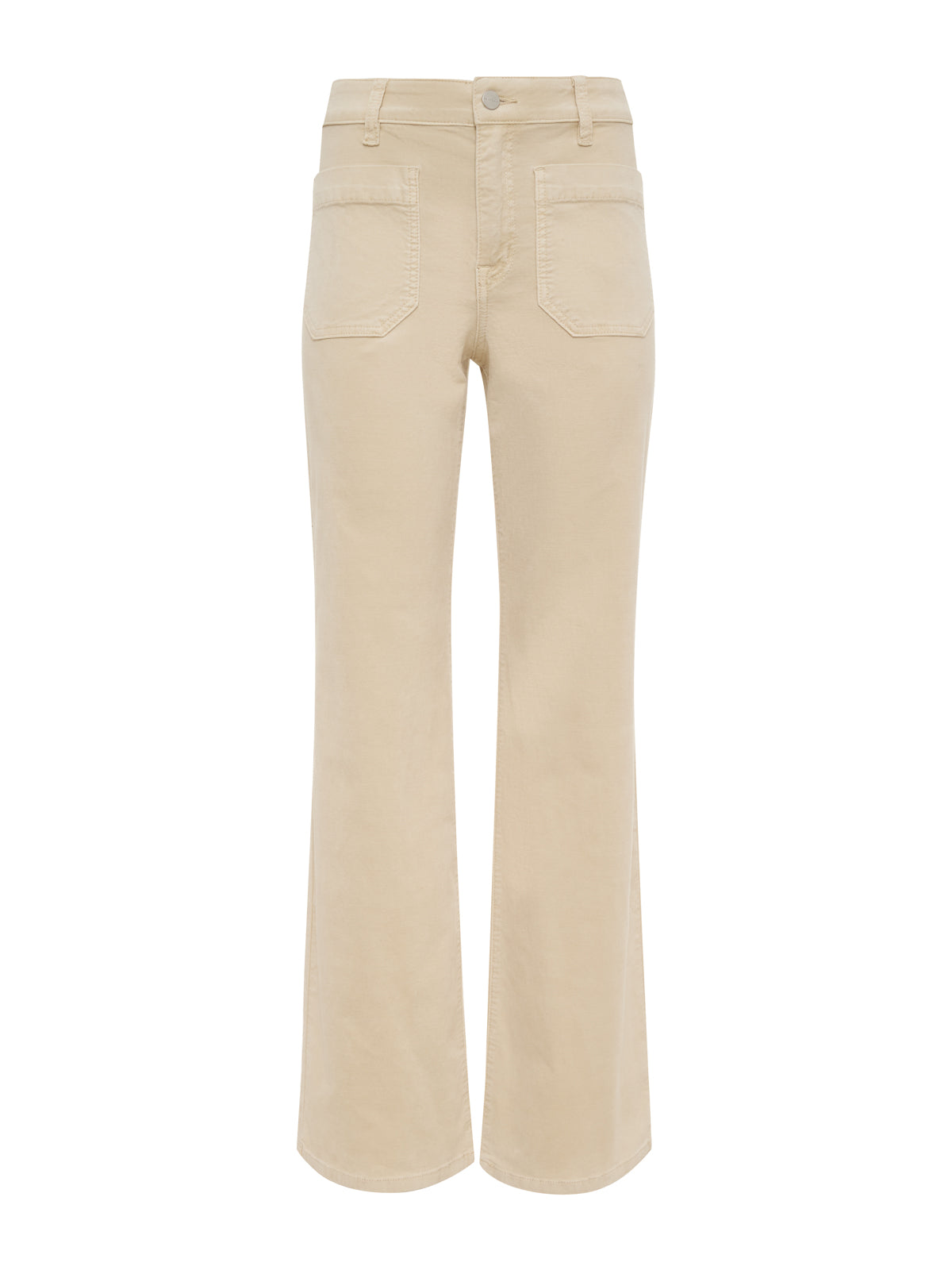 The velveteen marine pant in vanilla creme features a high waist, flared leg, front patch pockets, button and zip closure, and a smooth velveteen texture.