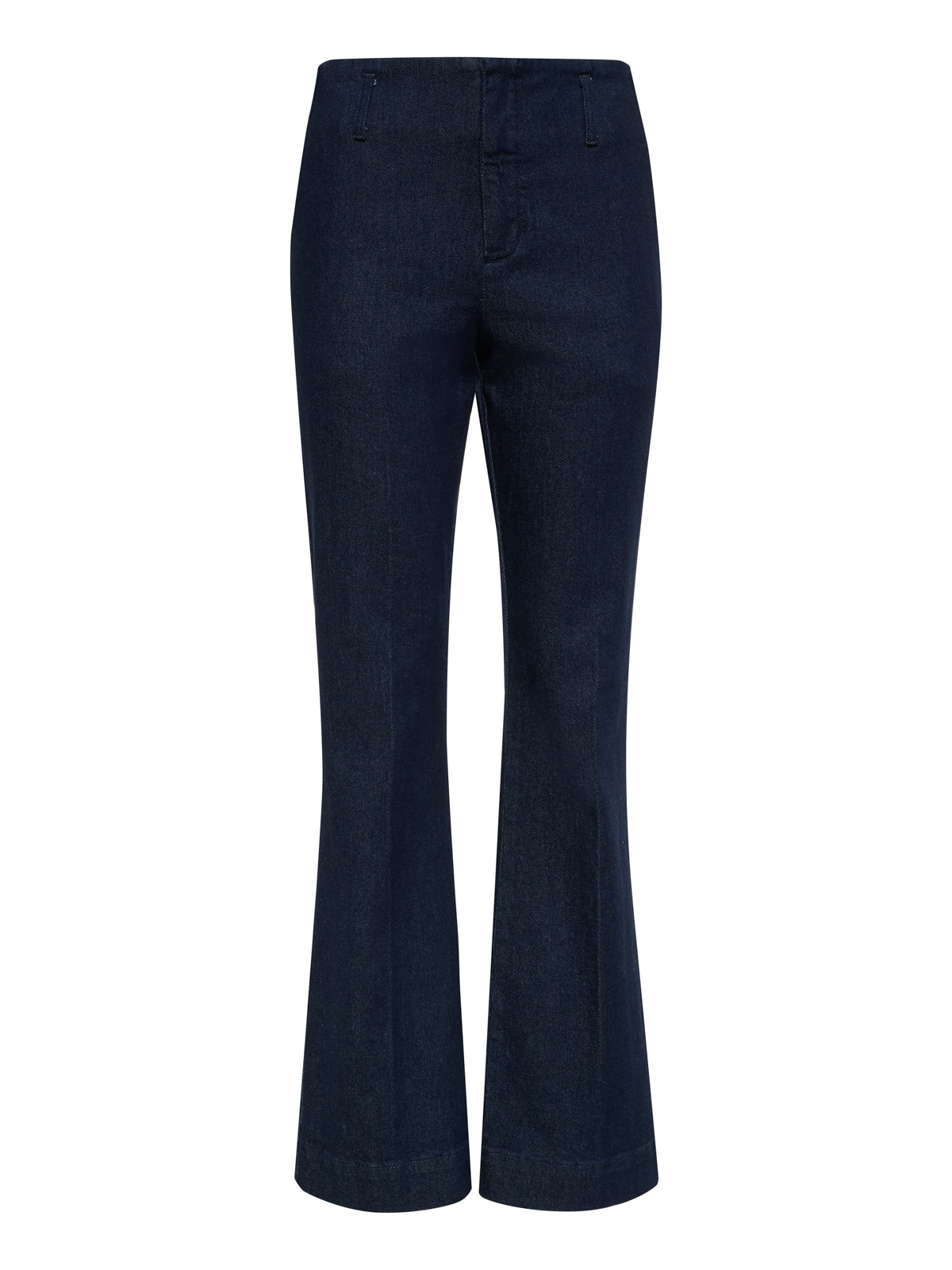 The denim stunner jean plot twist by Sanctuary Clothing is a dark blue, high-waisted bootcut style with belt loops and a front zipper, shown on a white background. No visible decorative details or pockets.