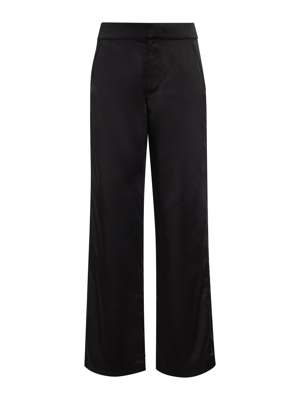 Sanctuary Clothing„¢s modern satin trouser in black features a high waistband and wide-leg silhouette with a sleek finish, shown against a white background.