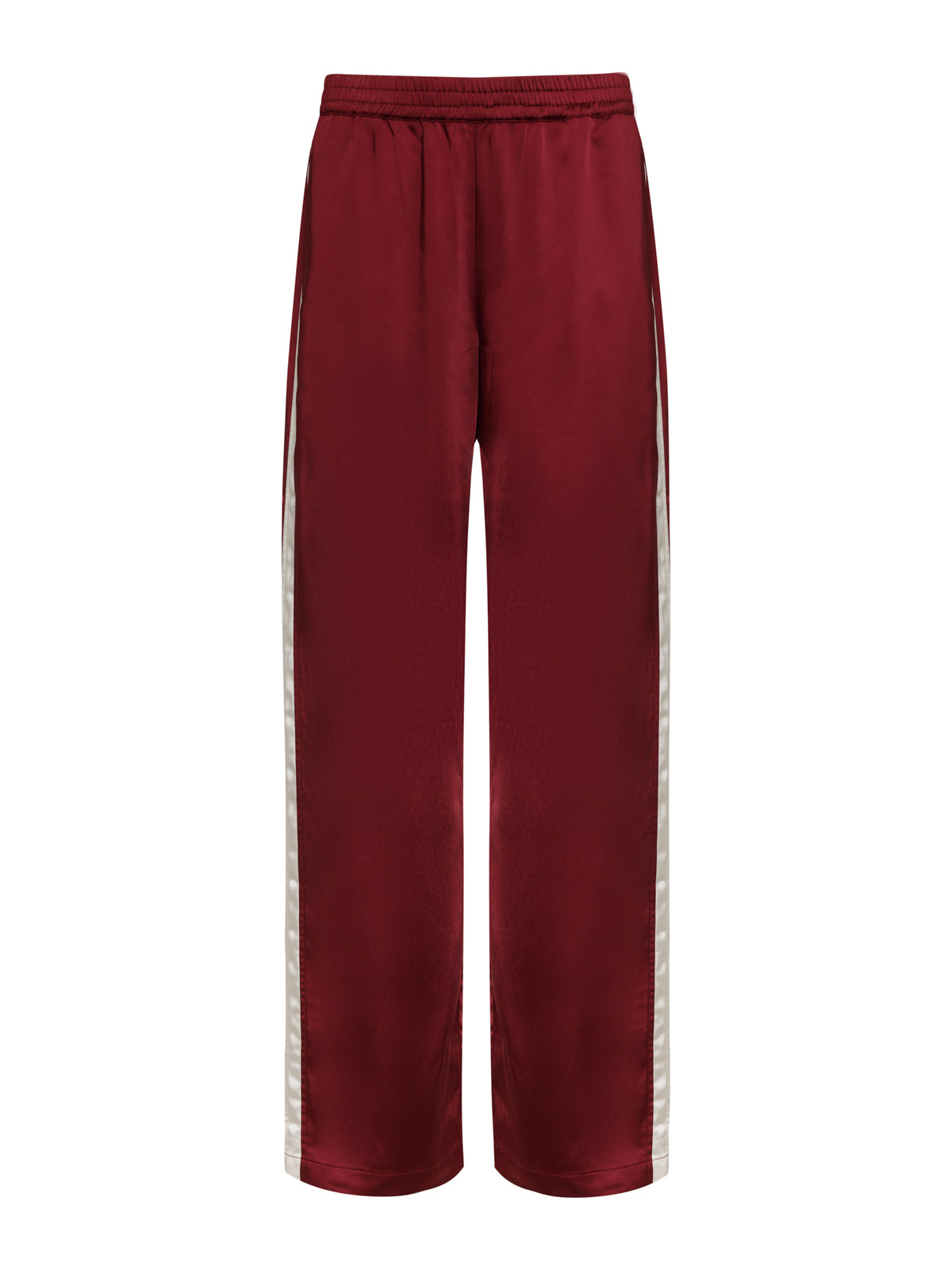 Sanctuary Clothing satin track pant in crimson features an elastic waistband and white side stripes, shown against a white background.