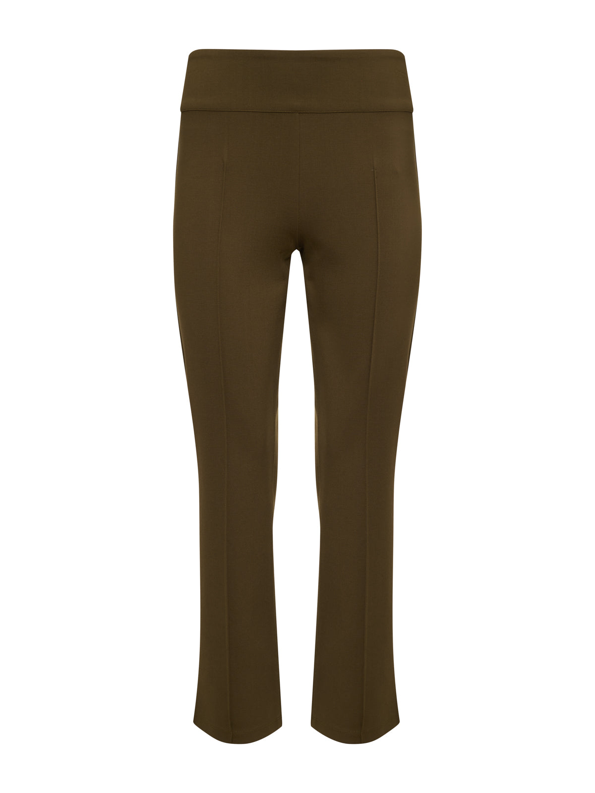 The Fairway Legging Dirty Martini by Sanctuary Clothing features high-waisted, olive green women's pants with a straight-leg cut and visible front seams, shown against a white background with no visible pockets or closures.