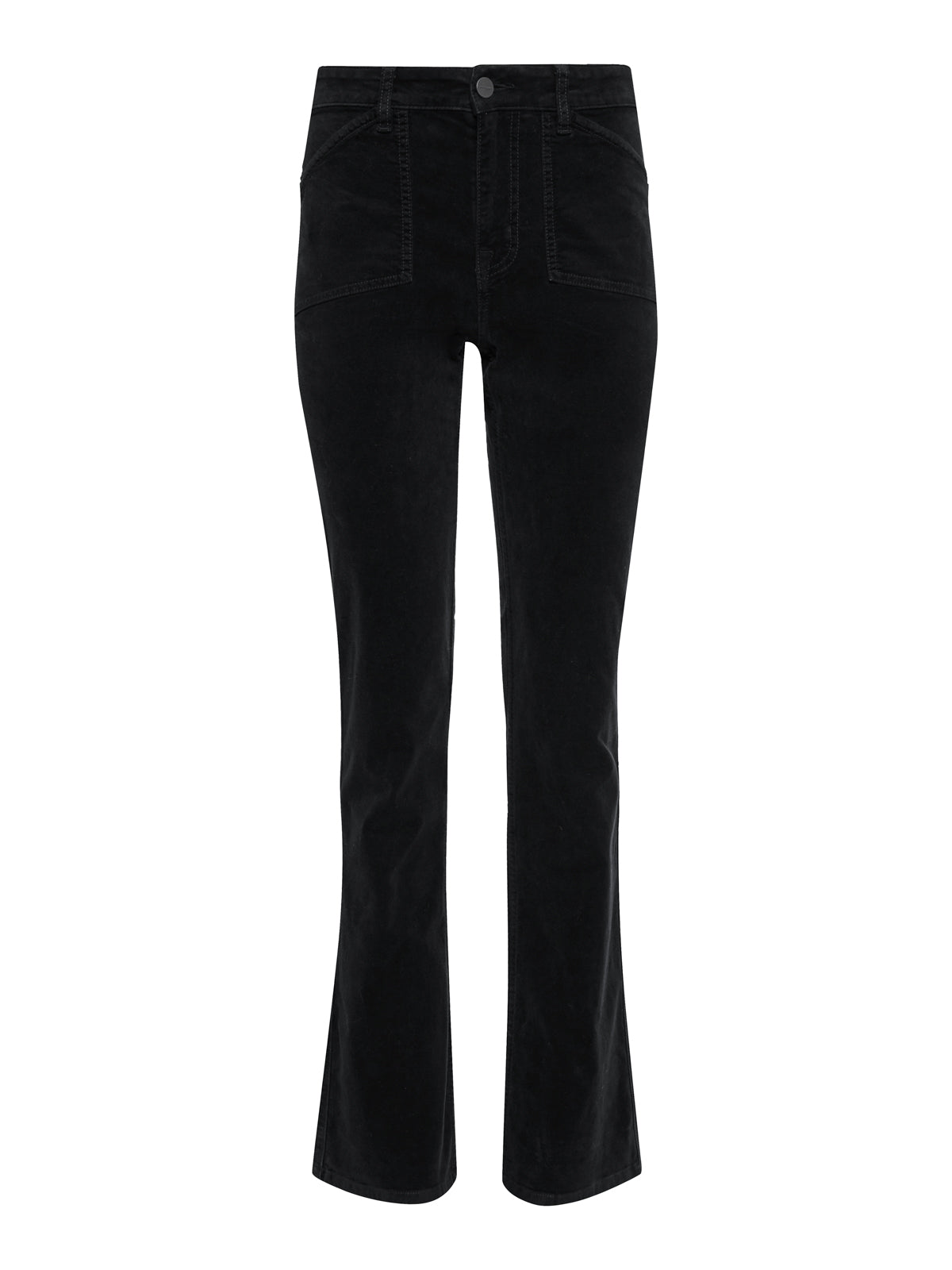 The velveteen brook bootcut pant in black by Sanctuary Clothing features a high waist, front and back pockets, belt loops, and a button closure. Displayed on a white background.