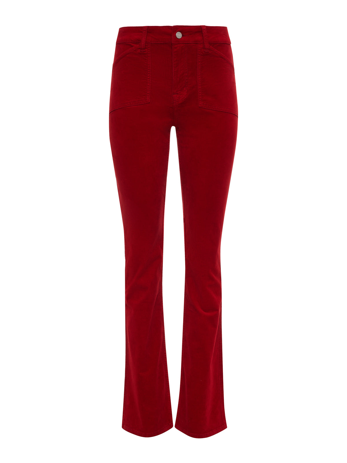 The velveteen brook bootcut pant in cherry lacquer by Sanctuary Clothing features a high-waisted fit, front pockets, and a slight flare, shown on a white background.