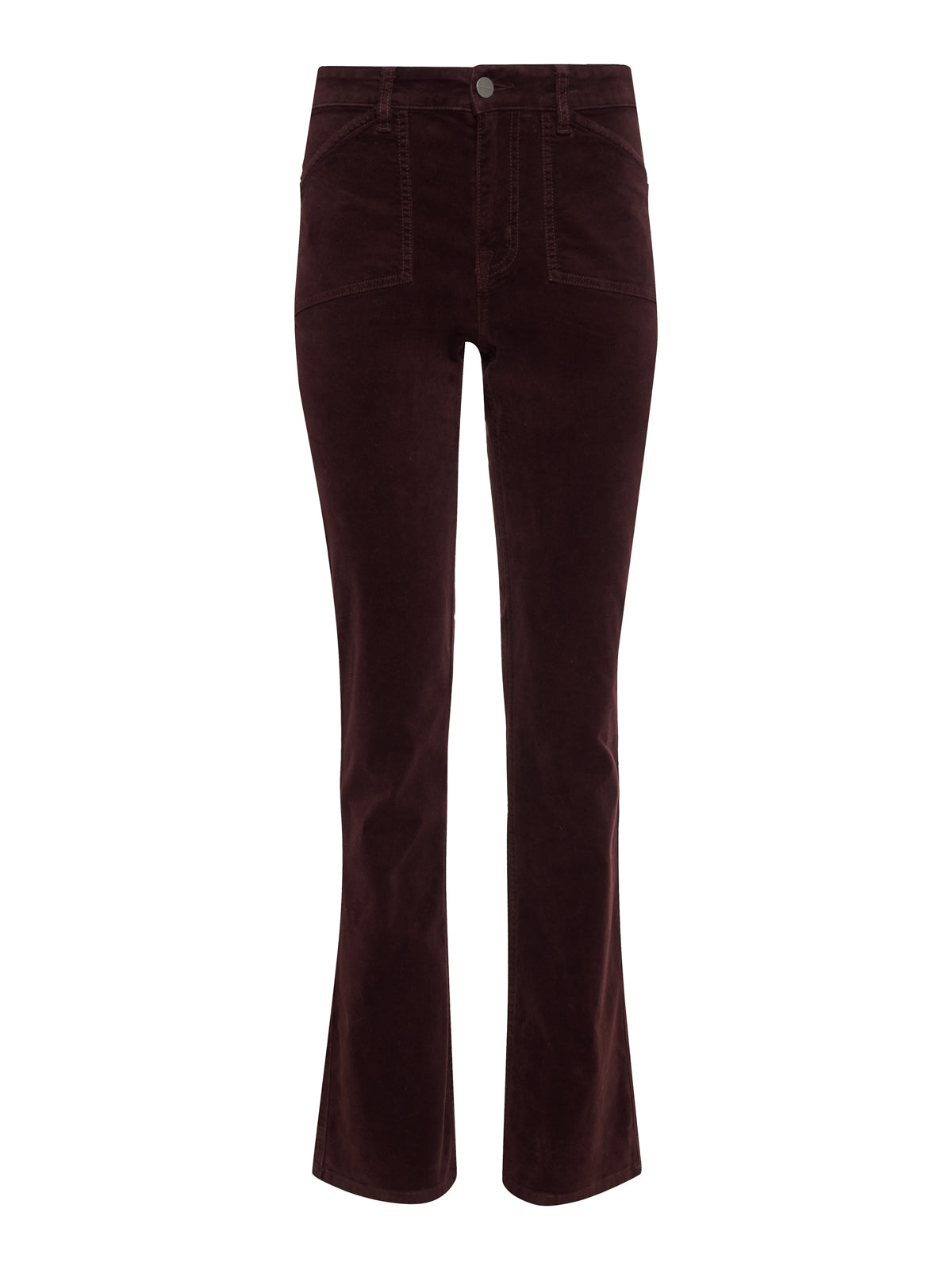 The Sanctuary Clothing velveteen brook bootcut pant in dark crimson features a high waist, front patch pockets, and a slight flare, shown against a white background.